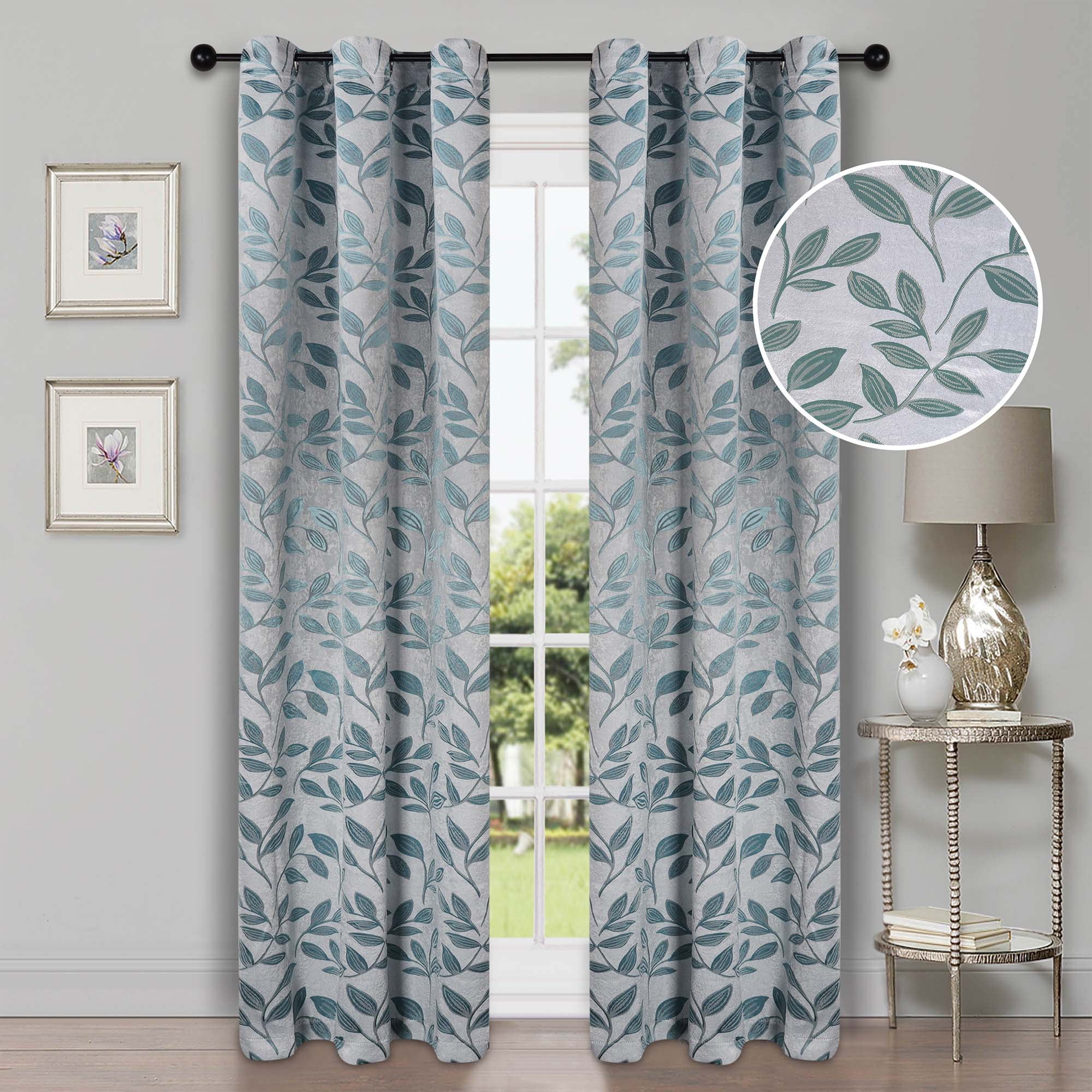 Superior Blackout Leaves Curtains Set of 2, Light Filtering Grommet Curtain Panel Set, Teal, 42"W x 63"L