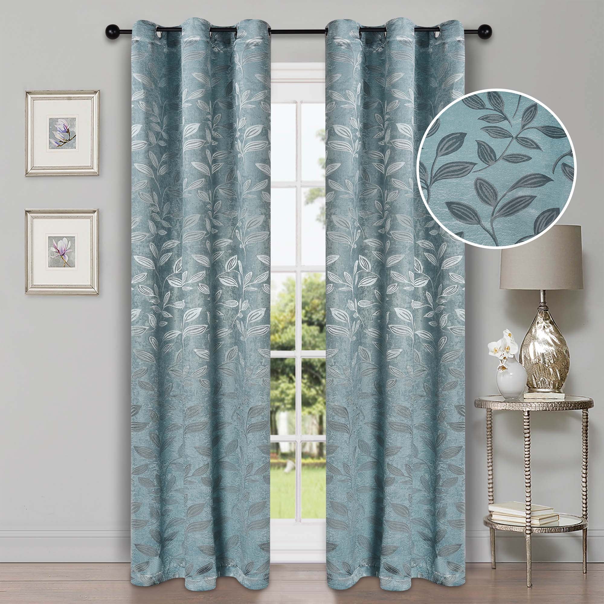 Superior Blackout Leaves Curtains Set of 2, Light Filtering Grommet Curtain Panel Set, Green Lily, 42"W x 84"L