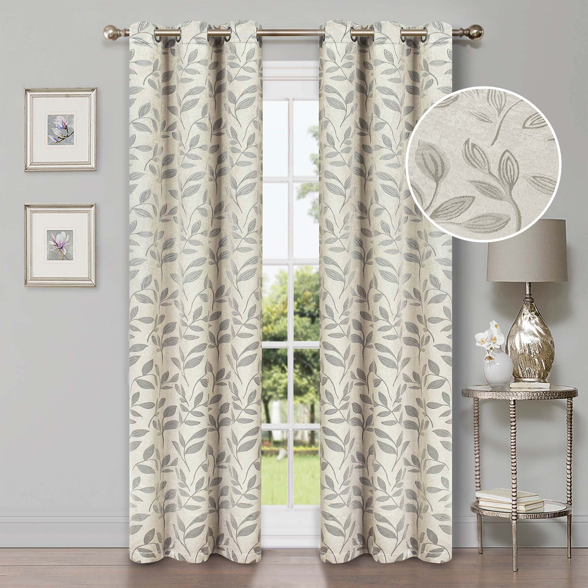 Superior Blackout Leaves Curtains Set of 2, Light Filtering Grommet Curtain Panel Set, Ivory, 42"W x 84"L