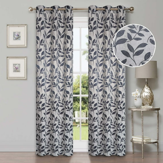 Superior Blackout Leaves Light Filtering Rod pocket Curtain Panel Set, 42"x84", White-Navy Blue