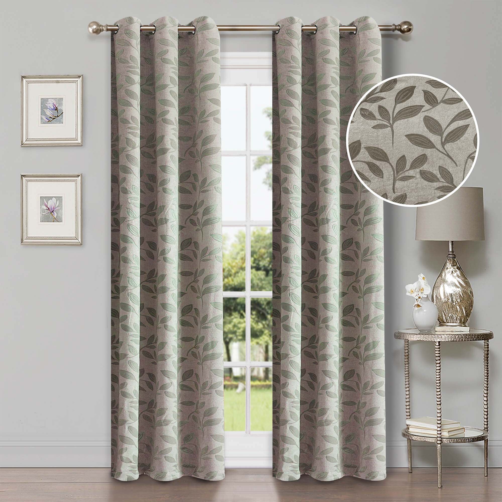 Superior Blackout Leaves Curtains Set of 2, Light Filtering Grommet Curtain Panel Set, Sage, 42"W x 96"L