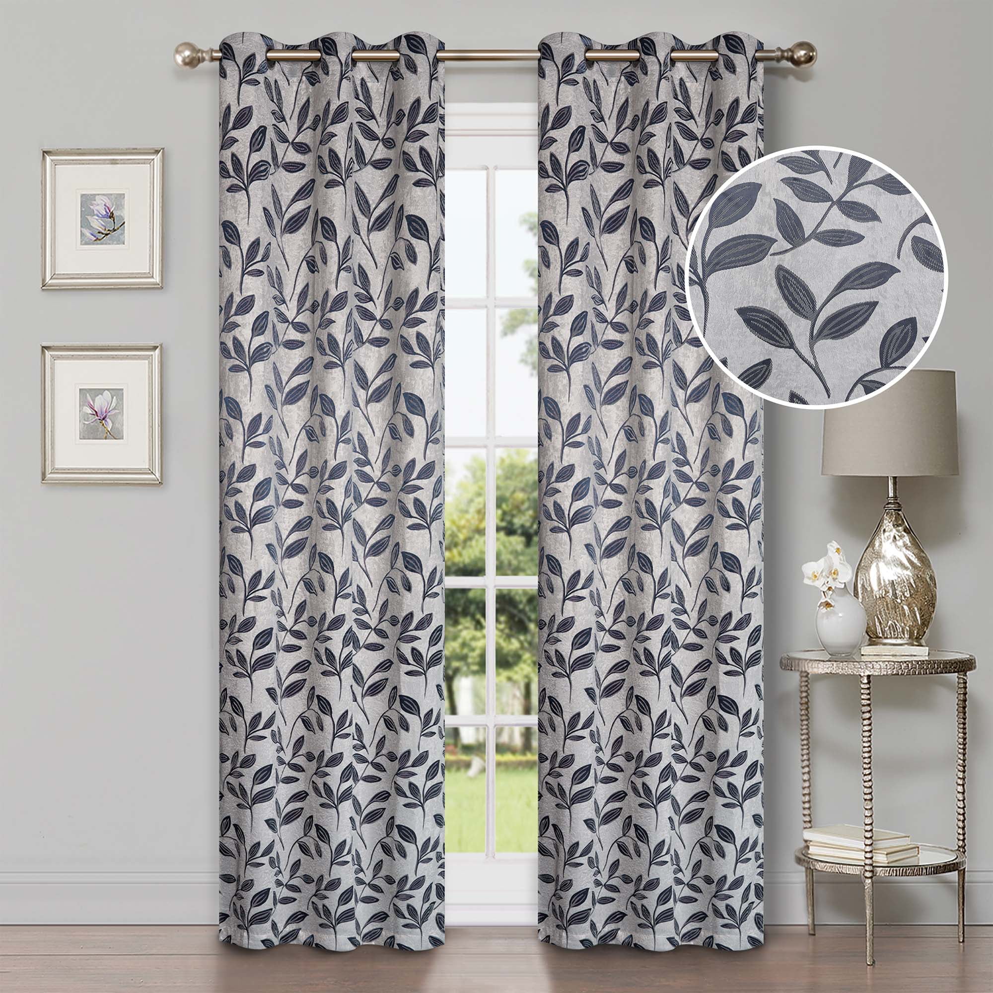 Superior Blackout Leaves Curtains Set of 2, Light Filtering Grommet Curtain Panel Set, White-Navy Blue, 42"W x 96"L