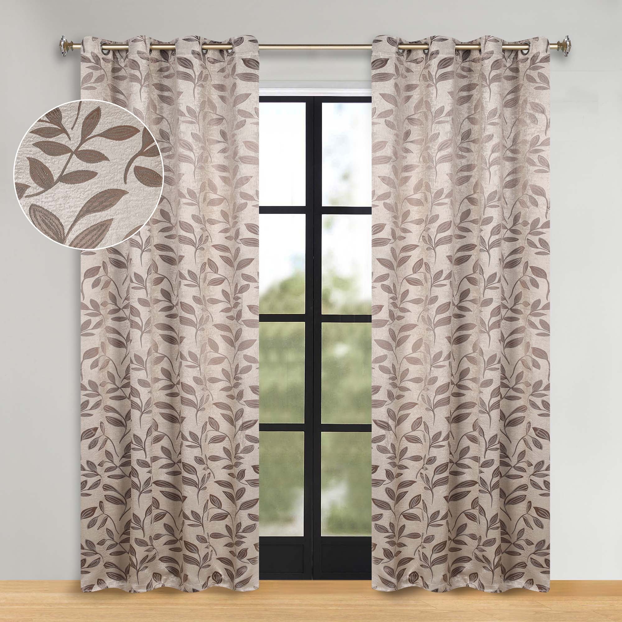Superior Blackout Leaves Curtains Set of 2, Light Filtering Grommet Curtain Panel Set, Espresso, 52"W x 108"L