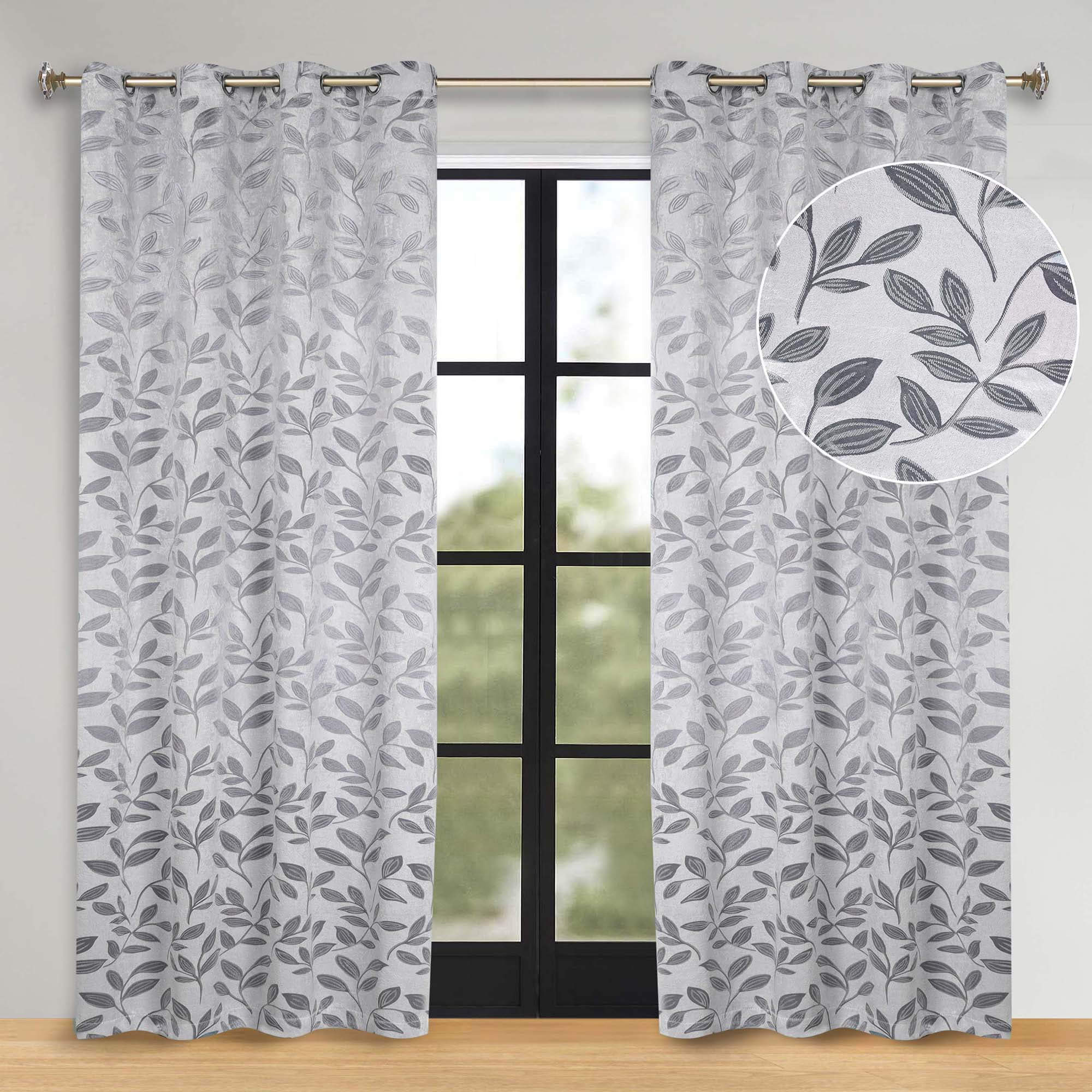 Superior Blackout Leaves Curtains Set of 2, Light Filtering Grommet Curtain Panel Set, Grey, 52"W x 108"L