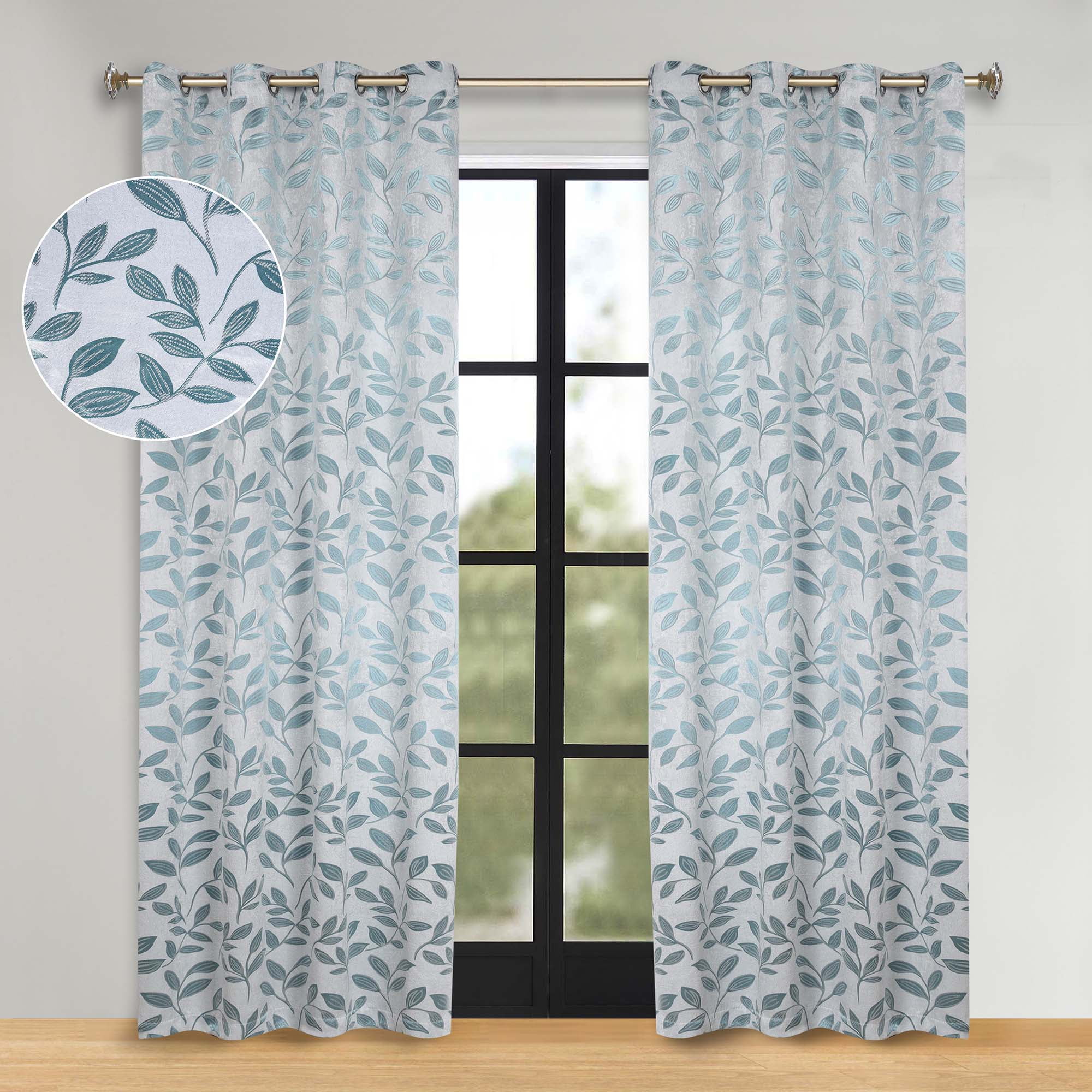 Superior Blackout Leaves Curtains Set of 2, Light Filtering Grommet Curtain Panel Set, Teal, 52"W x 120"L