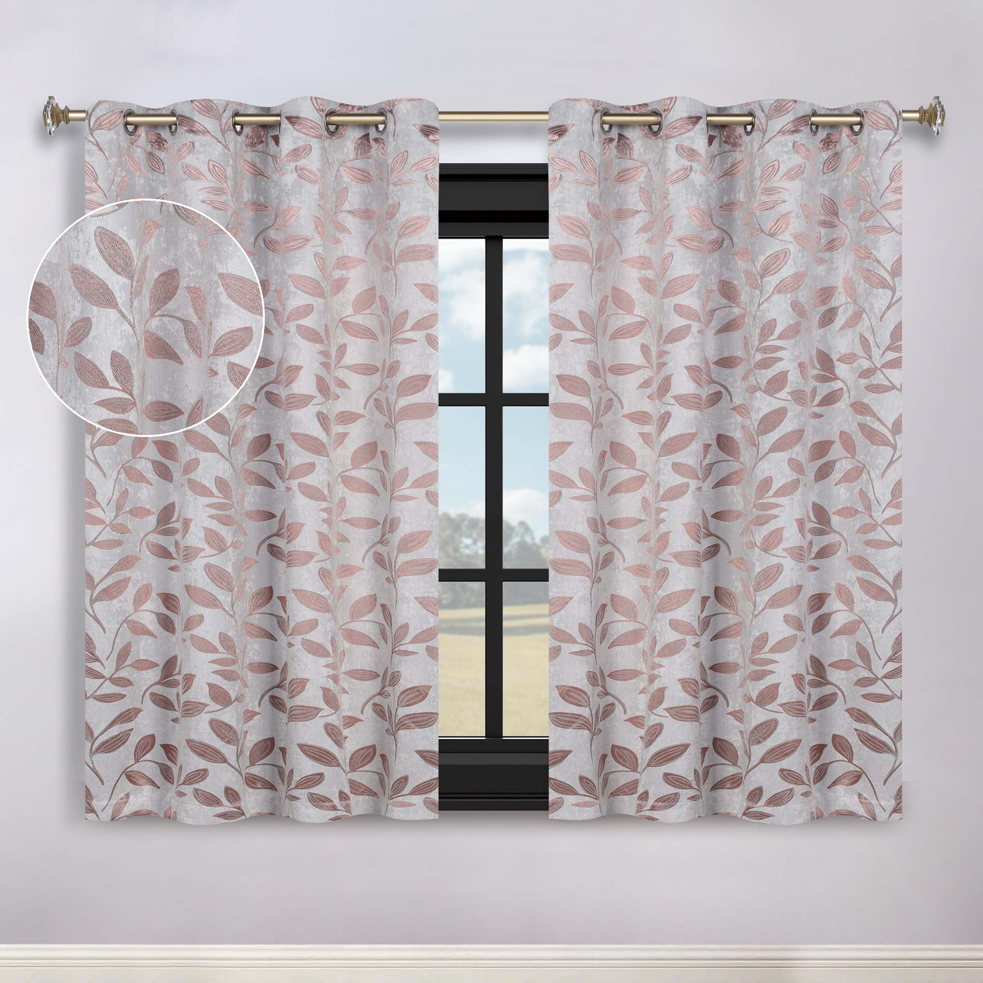 Superior Blackout Leaves Curtains Set of 2, Light Filtering Grommet Curtain Panel Set, Champagne, 52"W x 63"L
