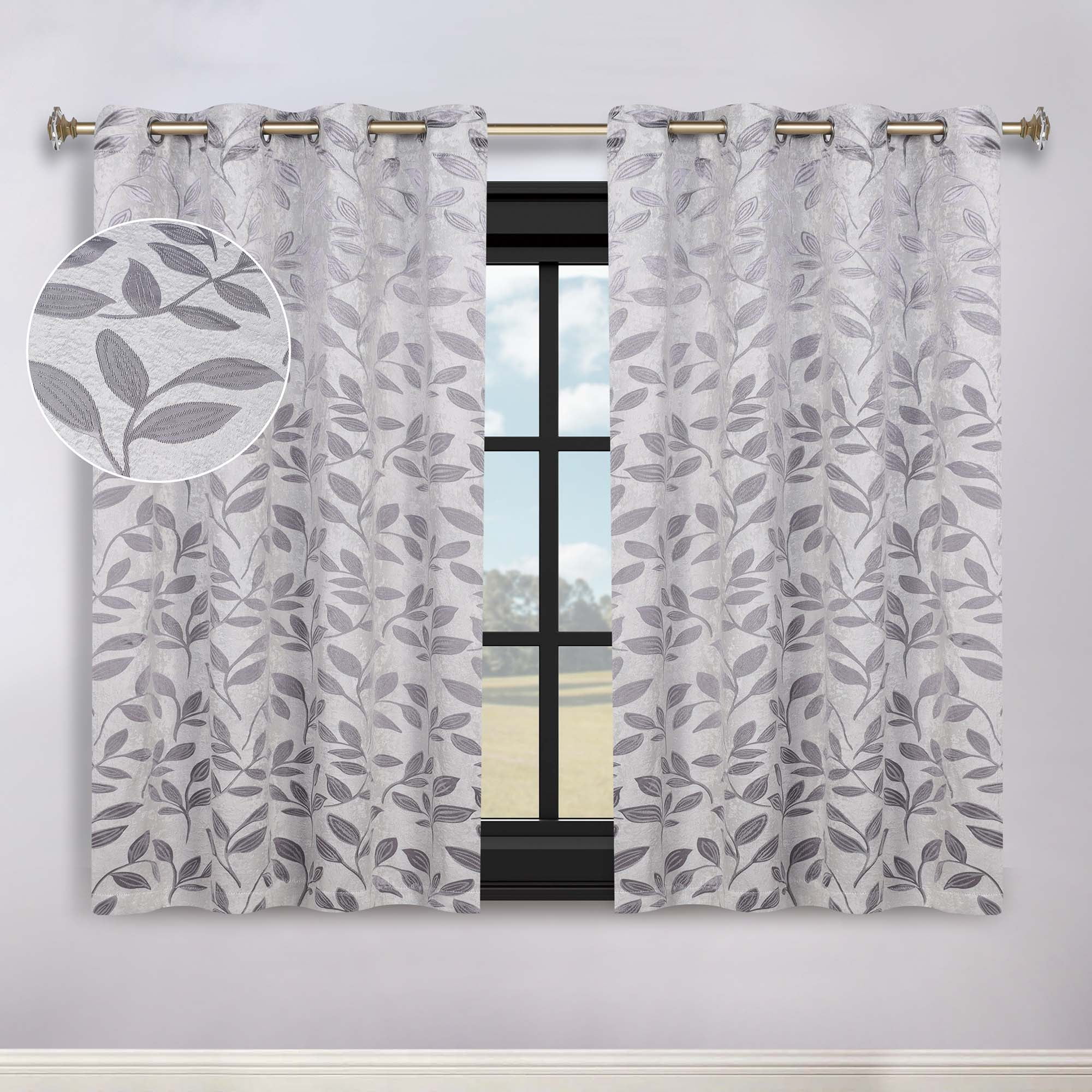 Superior Blackout Leaves Curtains Set of 2, Light Filtering Grommet Curtain Panel Set, Grey, 52"W x 63"L