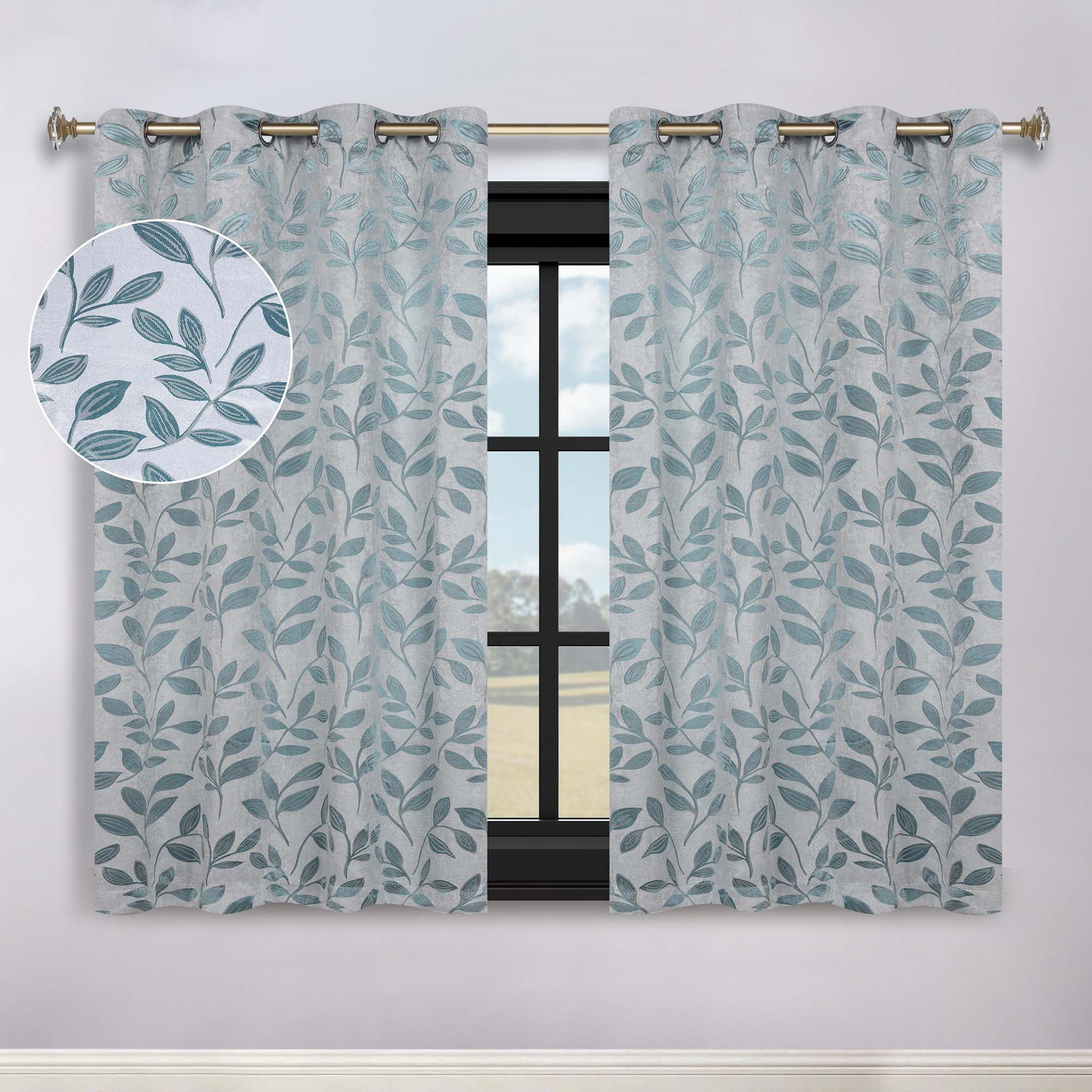 Superior Blackout Leaves Curtains Set of 2, Light Filtering Grommet Curtain Panel Set, Teal, 52"W x 63"L