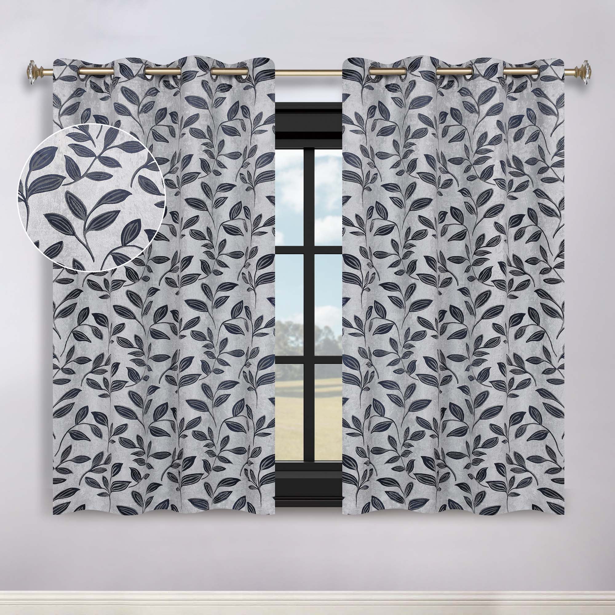 Superior Blackout Leaves Curtains Set of 2, Light Filtering Grommet Curtain Panel Set, White-Navy Blue, 52"W x 63"L