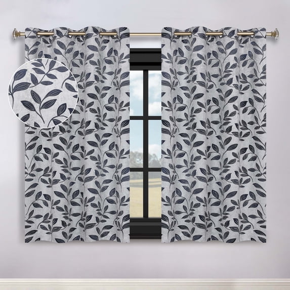 Superior Blackout Leaves Curtains Set of 2, Light Filtering Grommet Curtain Panel Set, White-Navy Blue, 52"W x 63"L
