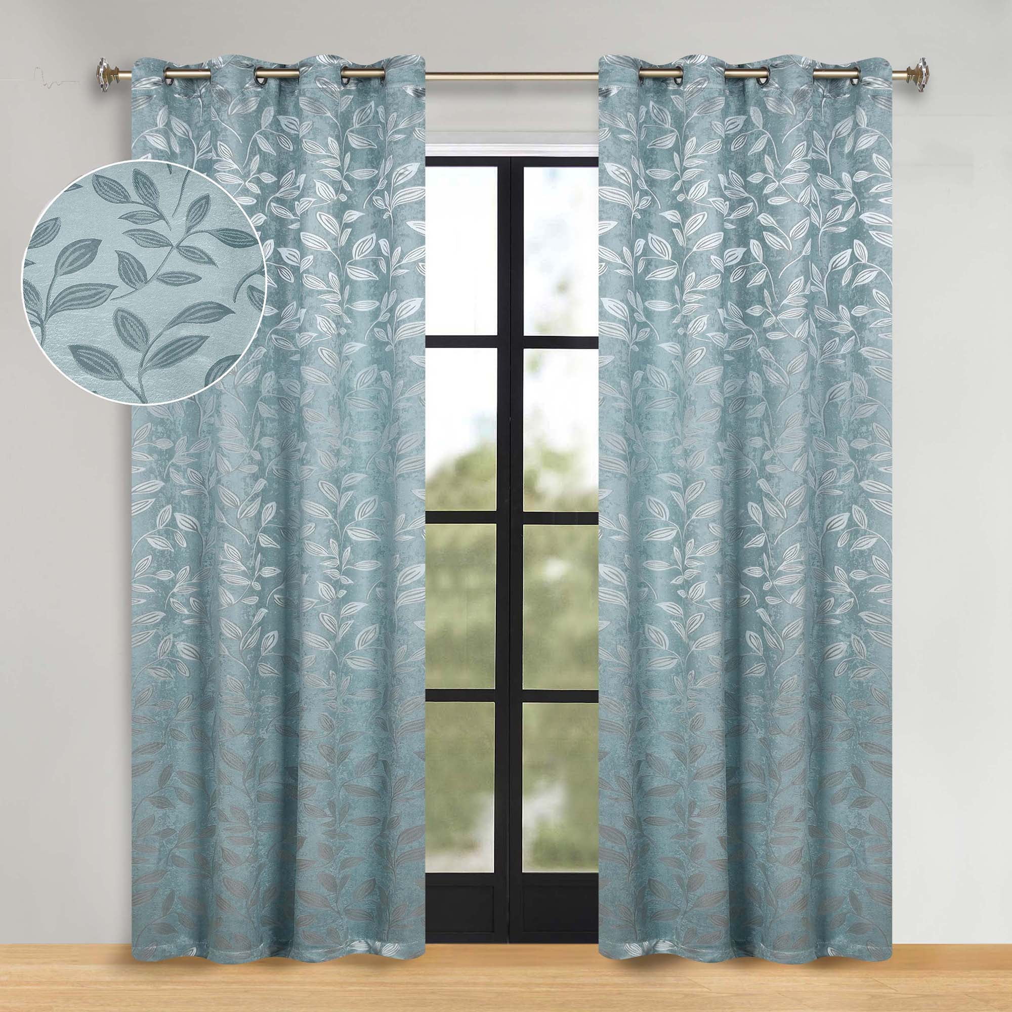 Superior Blackout Leaves Curtains Set of 2, Light Filtering Grommet Curtain Panel Set, Green Lily, 52"W x 84"L