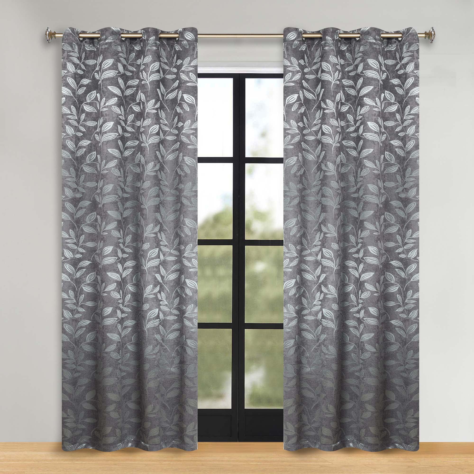Superior Blackout Leaves Curtains Set of 2, Light Filtering Grommet Curtain Panel Set, Nickel Black, 52"W x 84"L