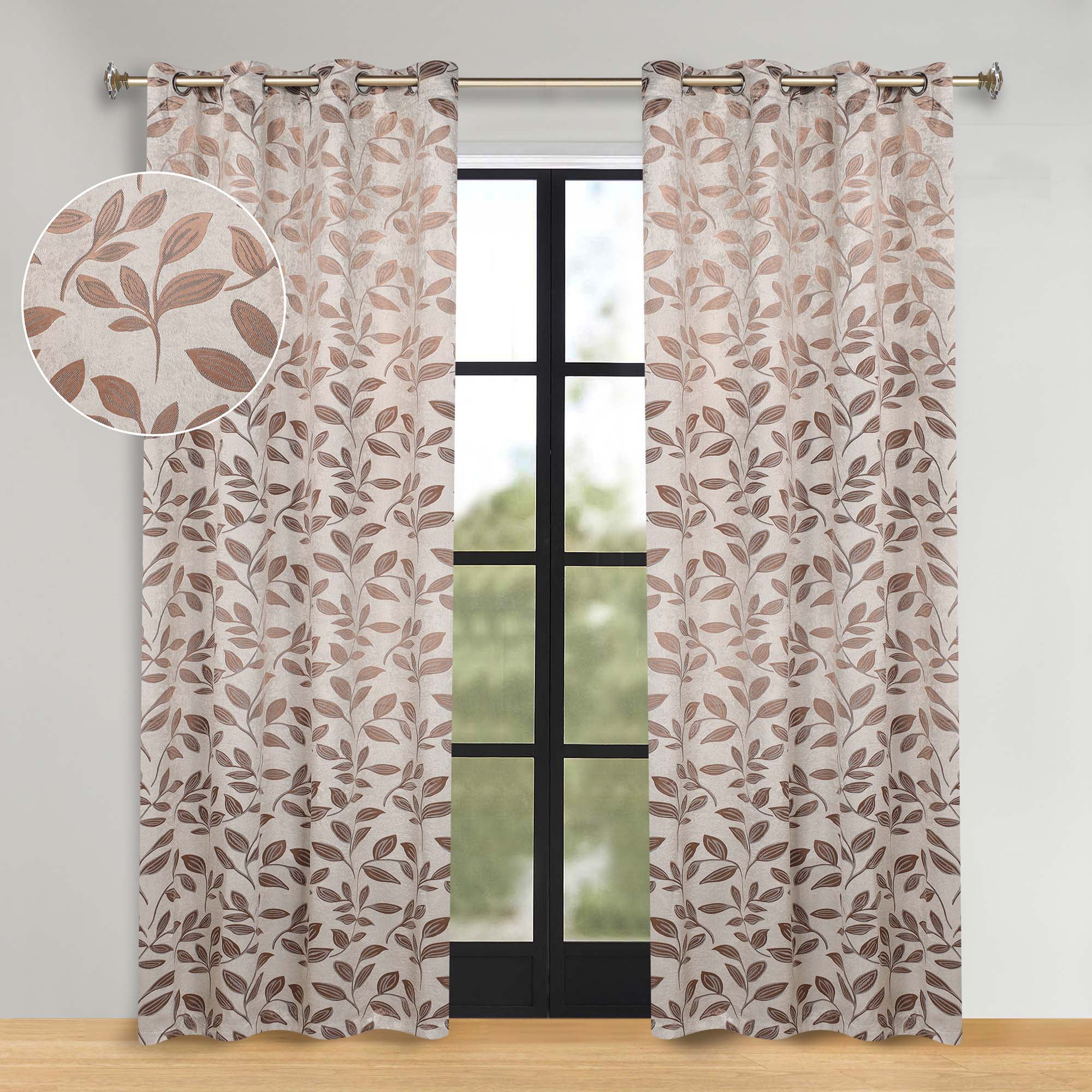 Superior Blackout Leaves Curtains Set of 2, Light Filtering Grommet Curtain Panel Set, White-Copper, 52"W x 84"L
