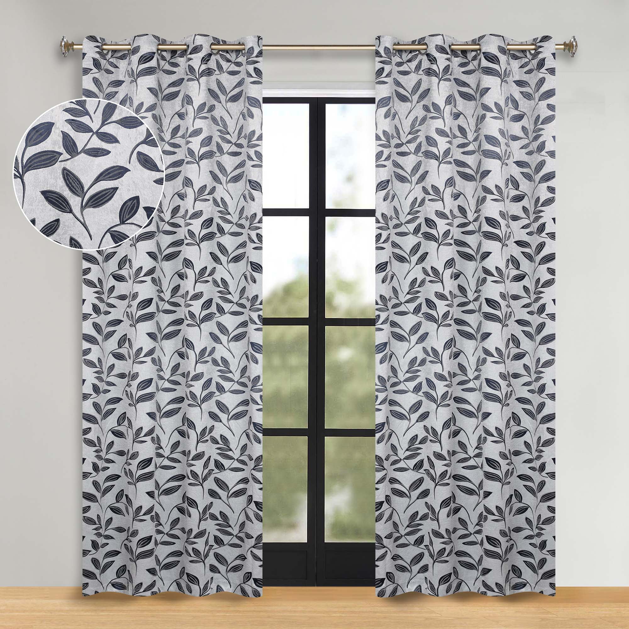 Superior Blackout Leaves Curtains Set of 2, Light Filtering Grommet Curtain Panel Set, White-Navy Blue, 52"W x 96"L
