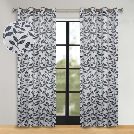 Superior Blackout Leaves Light Filtering Grommet Curtain Panel Set, 52"x96", White-Navy Blue