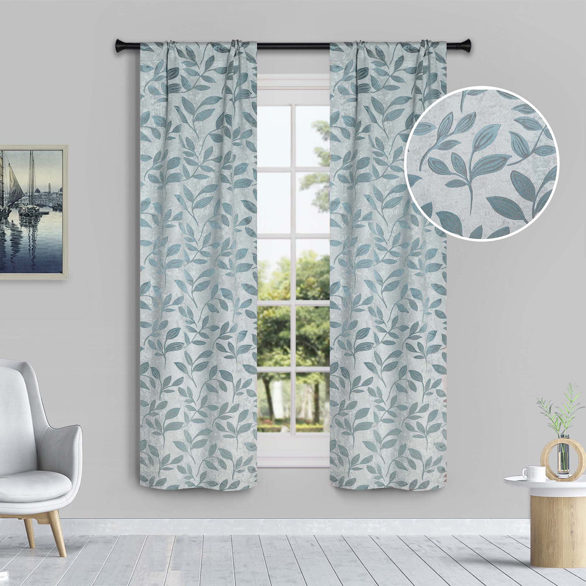Superior Blackout Leaves Curtains Set of 2, Light Filtering Rod Pocket Curtain Panel Set, Teal, 26"W x 63"L