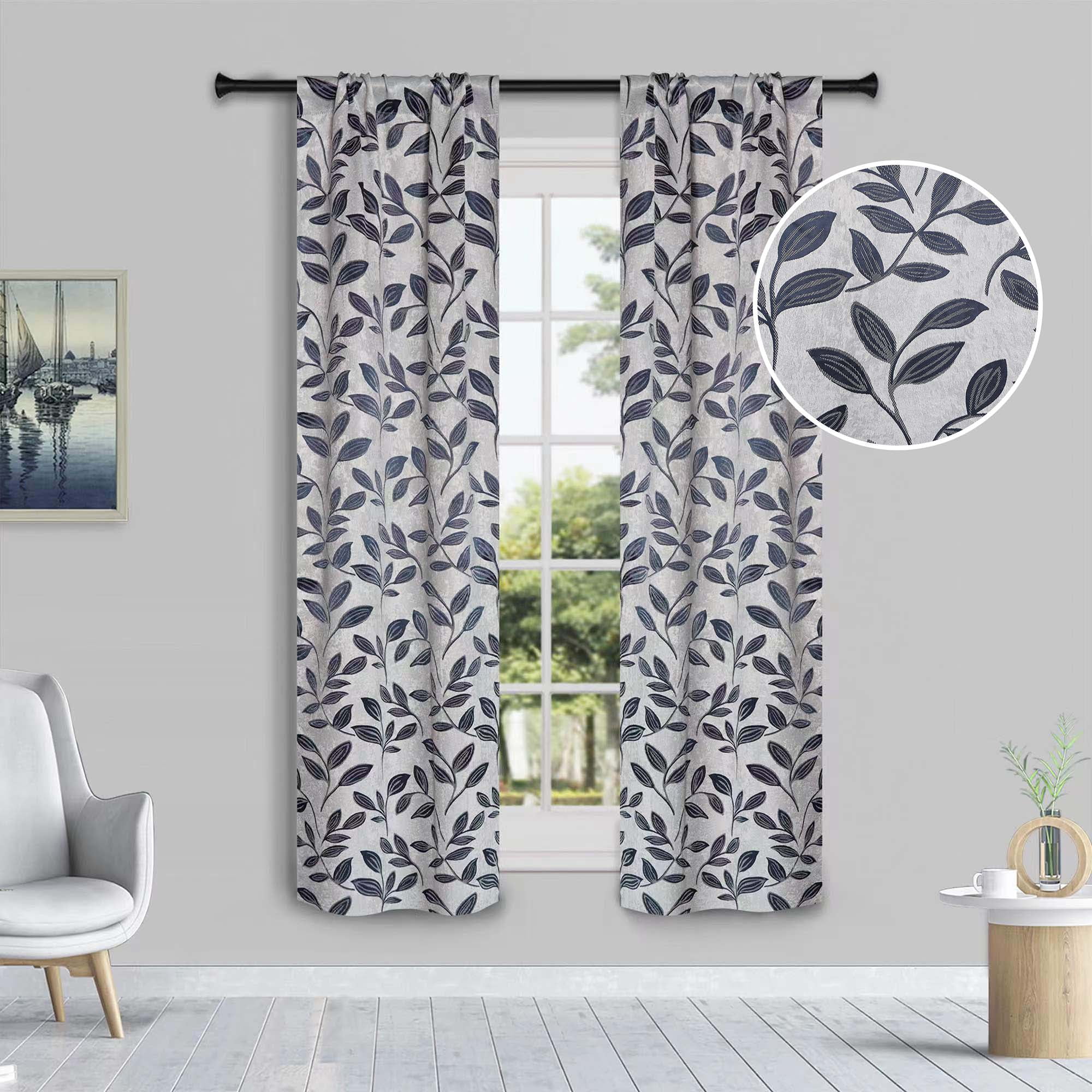 Superior Blackout Leaves Curtains Set of 2, Light Filtering Rod Pocket Curtain Panel Set, White-Navy Blue, 26"W x 63"L