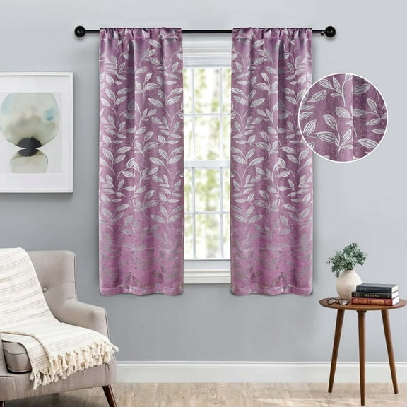 Superior Blackout Leaves Light Filtering Rod pocket Curtain Panel Set, 26"x63", Wisteria