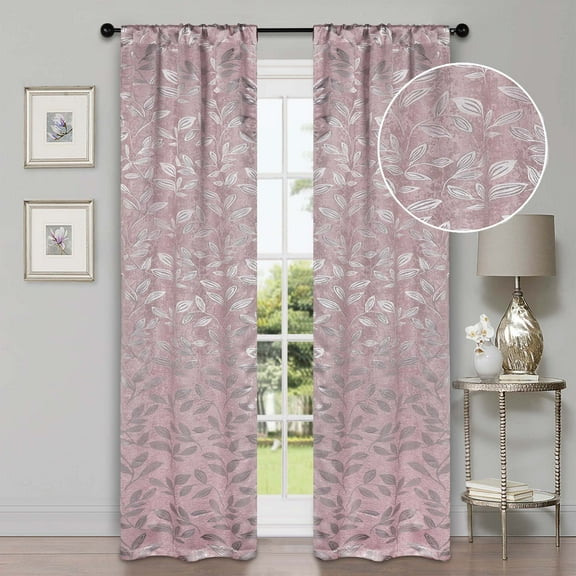 Superior Blackout Leaves Light Filtering Rod pocket Curtain Panel Set, 26"x84", Blush