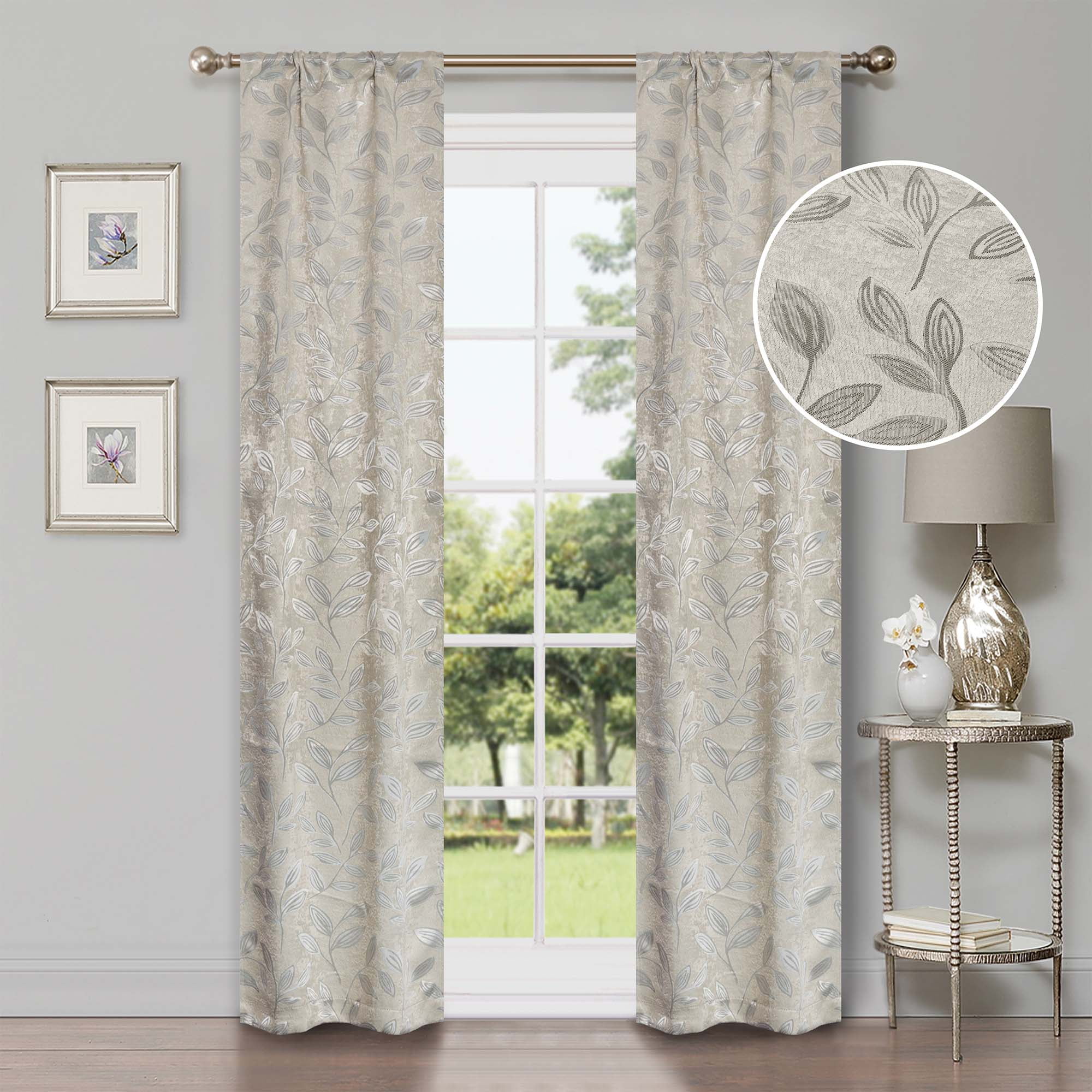Superior Blackout Leaves Curtains Set of 2, Light Filtering Rod Pocket Curtain Panel Set, Ivory, 26"W x 84"L