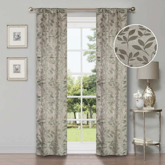 Superior Blackout Leaves Light Filtering Rod pocket Curtain Panel Set, 26"x84", Sage