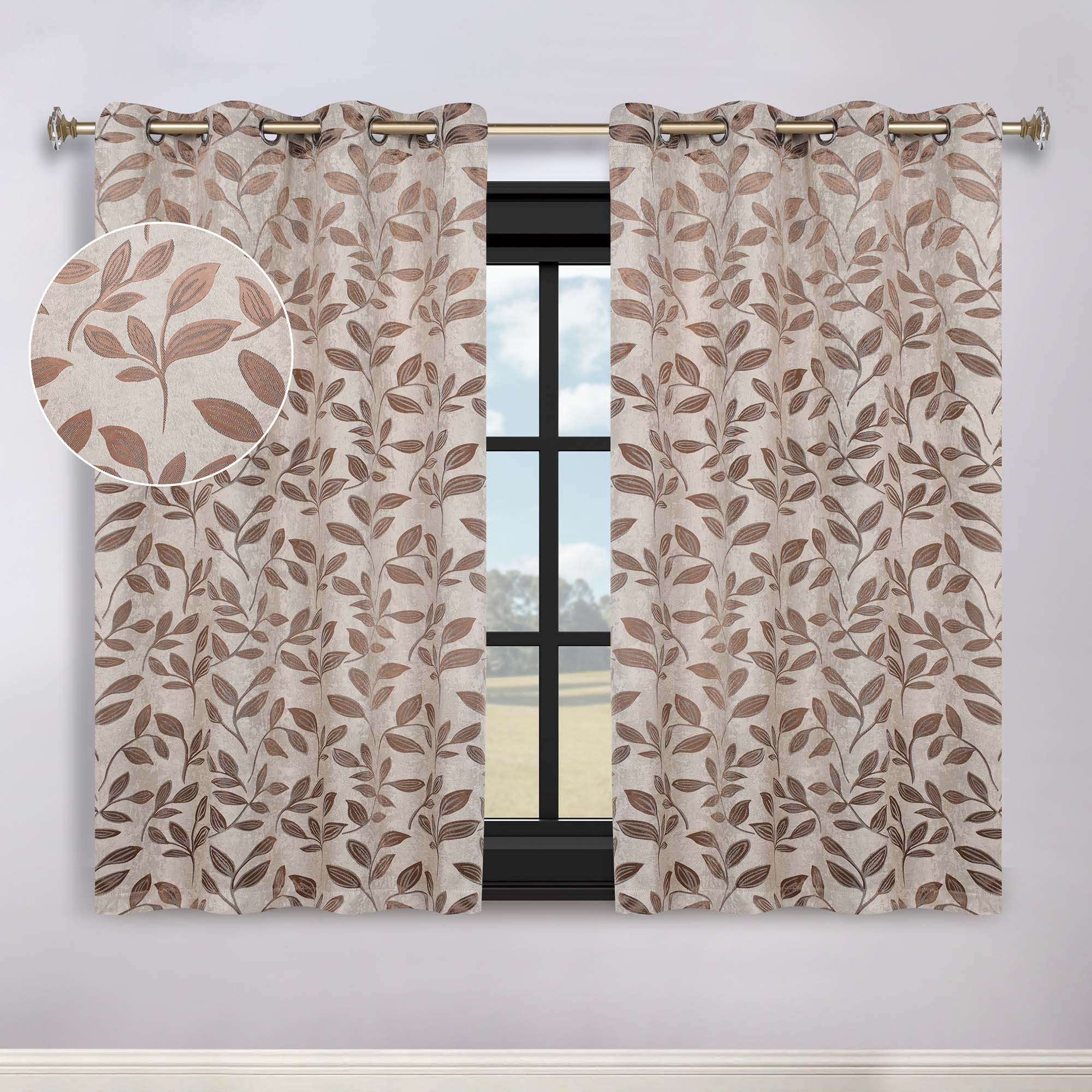 Superior Leaves Blackout Curtain Panel, 8 Grommets, Set of 2, 52" W x