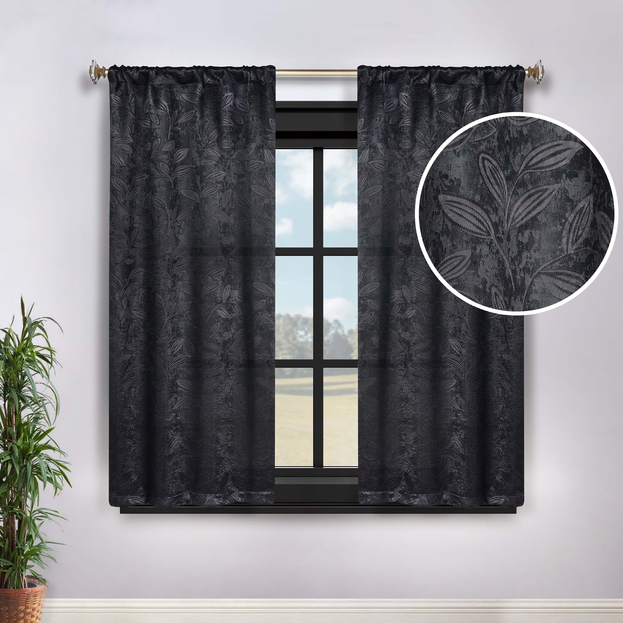 Black Polyester Blackout Curtains with Leaf Design, 26" x 63"
