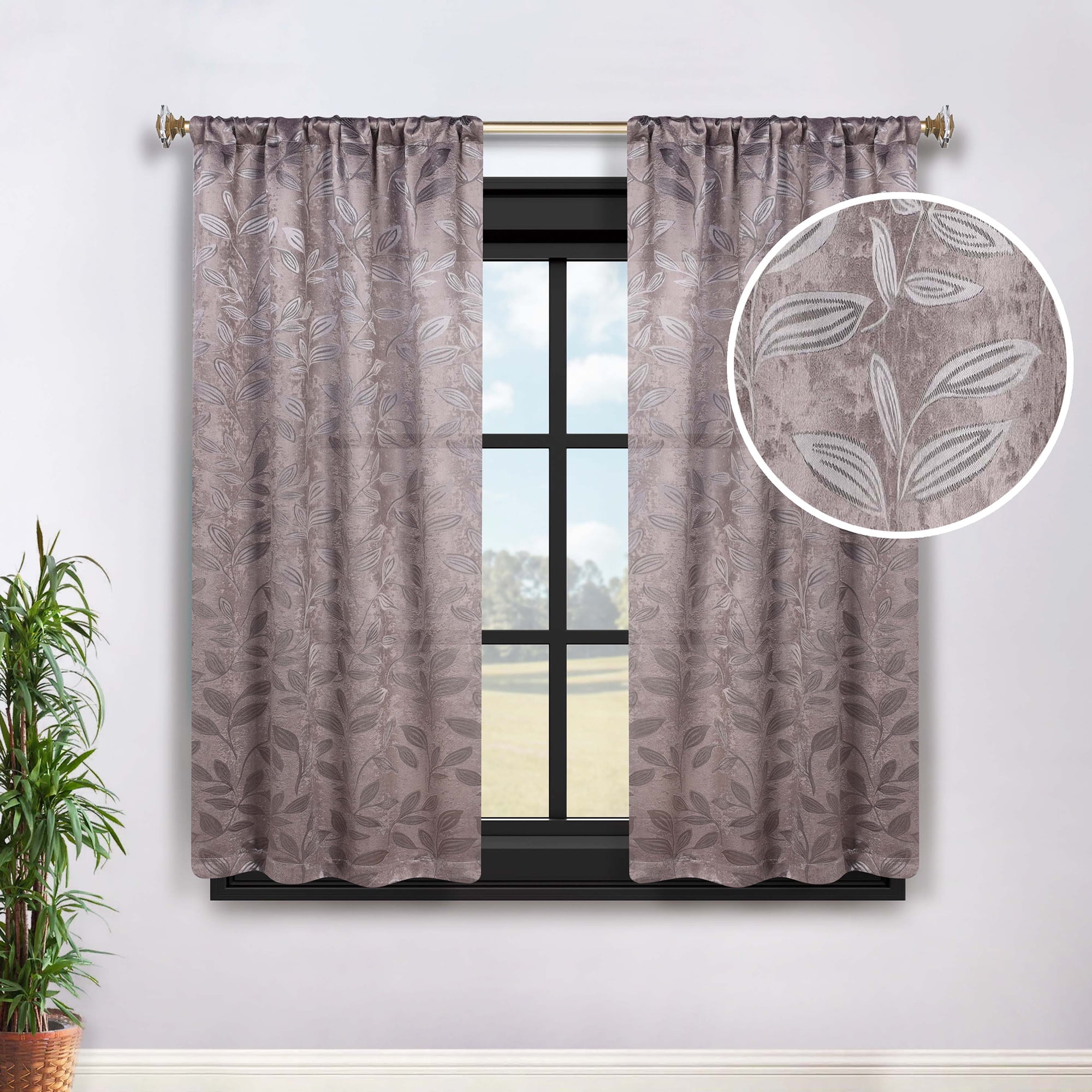 Cappuccino Brown Polyester Blackout Leaf Pattern Curtains, 26" x 63"