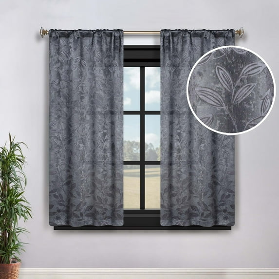 Superior Blackout Leaves Light Filtering Rod pocket Curtain Panel Set, 26"x63", Charcoal