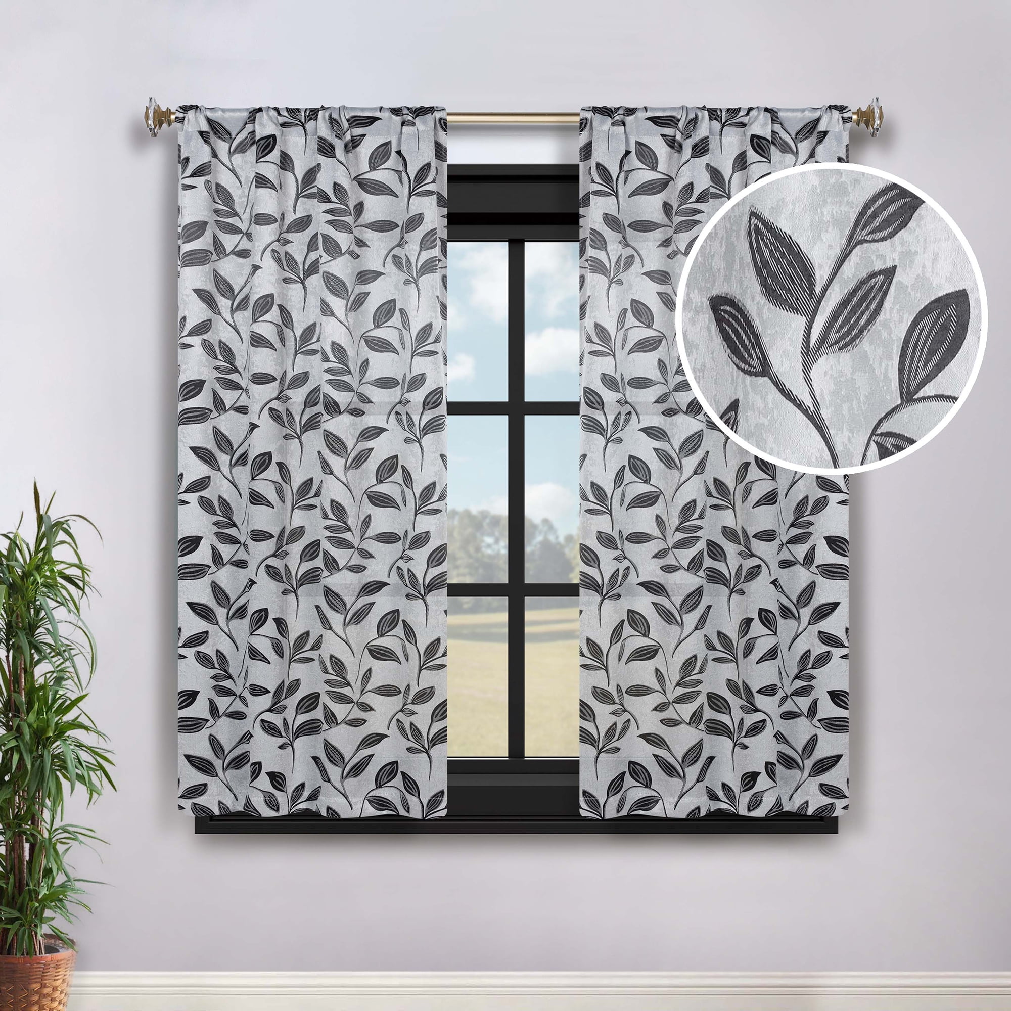 Silver and Black Leaf Pattern Room Darkening Curtains, 26" x 63"