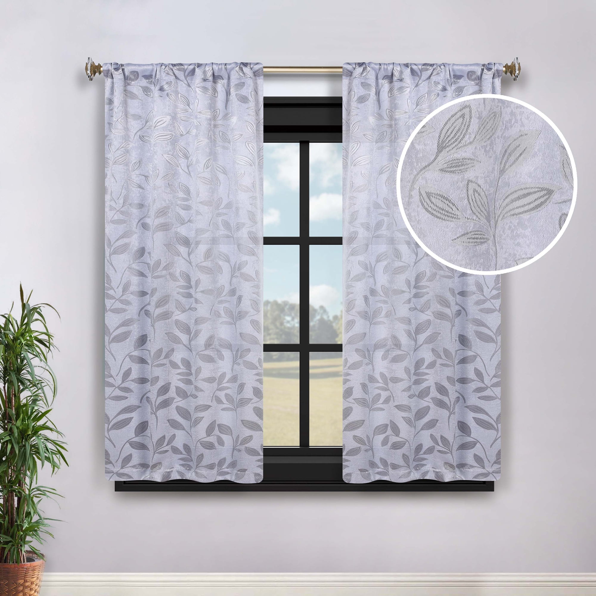Superior Blackout Leaves Curtains Set of 2, Light Filtering Rod Pocket Curtain Panel Set, Silver, 26"W x 63"L