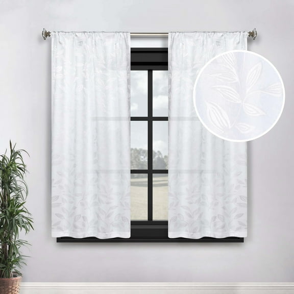 Superior Blackout Leaves Light Filtering Rod pocket Curtain Panel Set, 26"x63", White-White