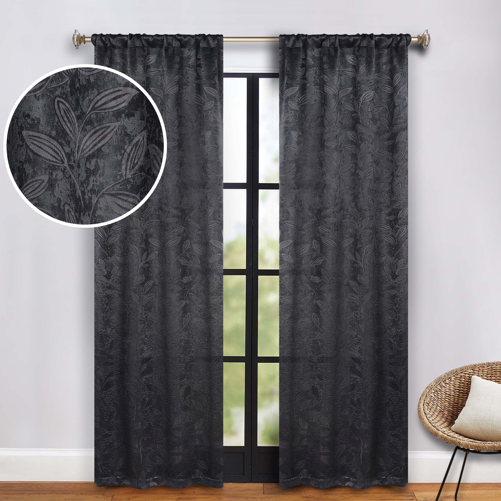 Black Polyester Blackout Curtains with Leaf Design, 26" x 84"