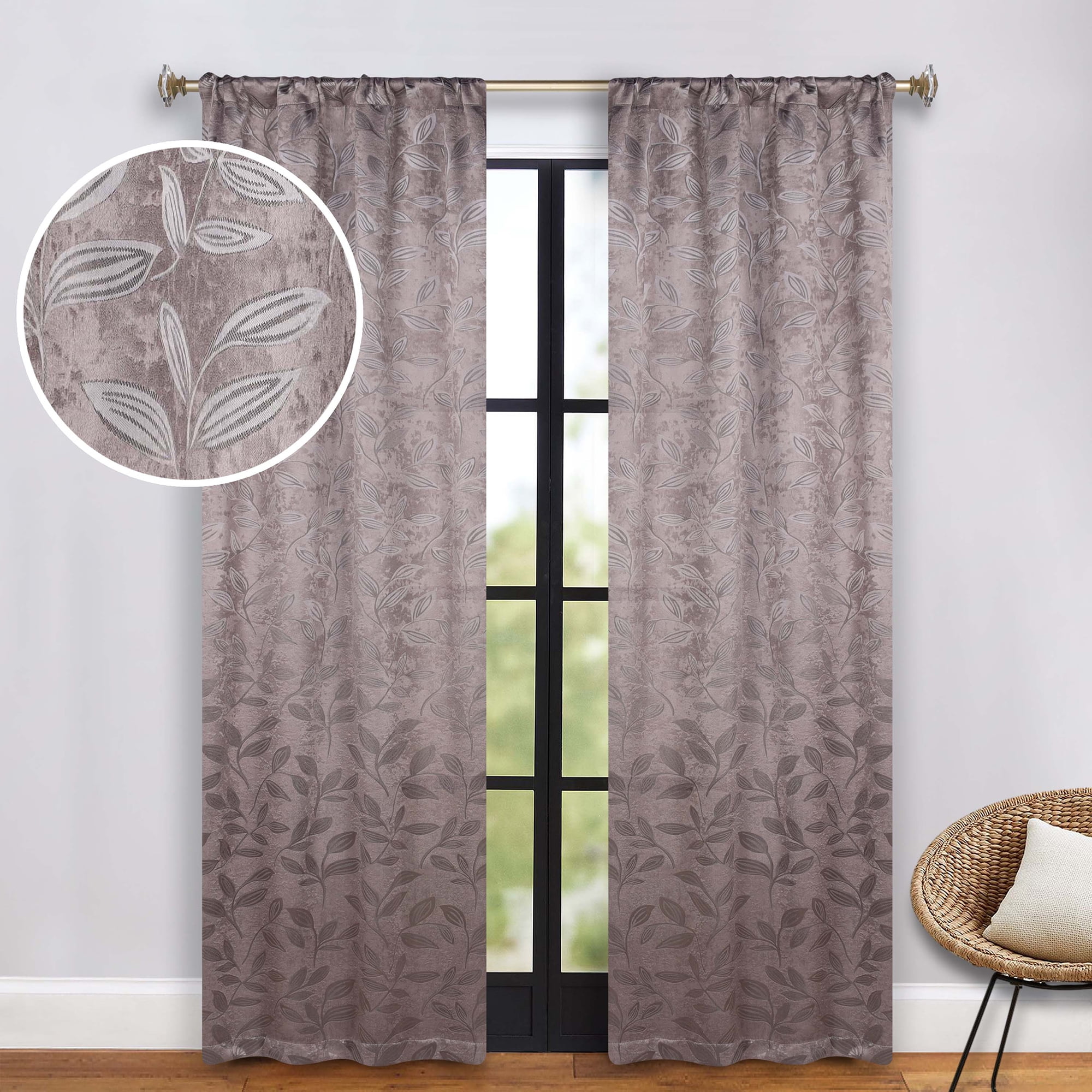 Cappuccino Brown Polyester Blackout Curtains with Leaf Design, 26" x 84"