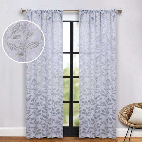 Superior Blackout Leaves Light Filtering Rod pocket Curtain Panel Set, 26"x84", Silver