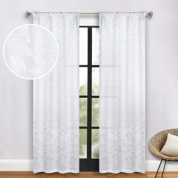 Superior Blackout Leaves Light Filtering Rod pocket Curtain Panel Set, 26"x84", White-White