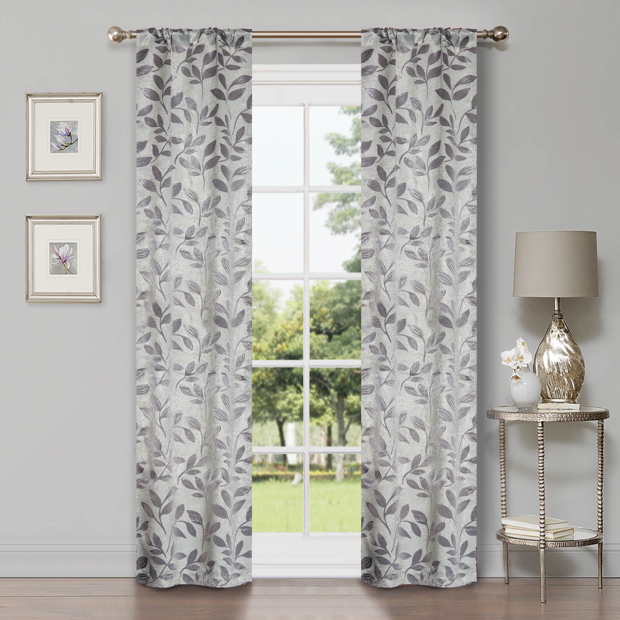 Gray Polyester Blackout Curtains with Leaf Design, 36" x 72"