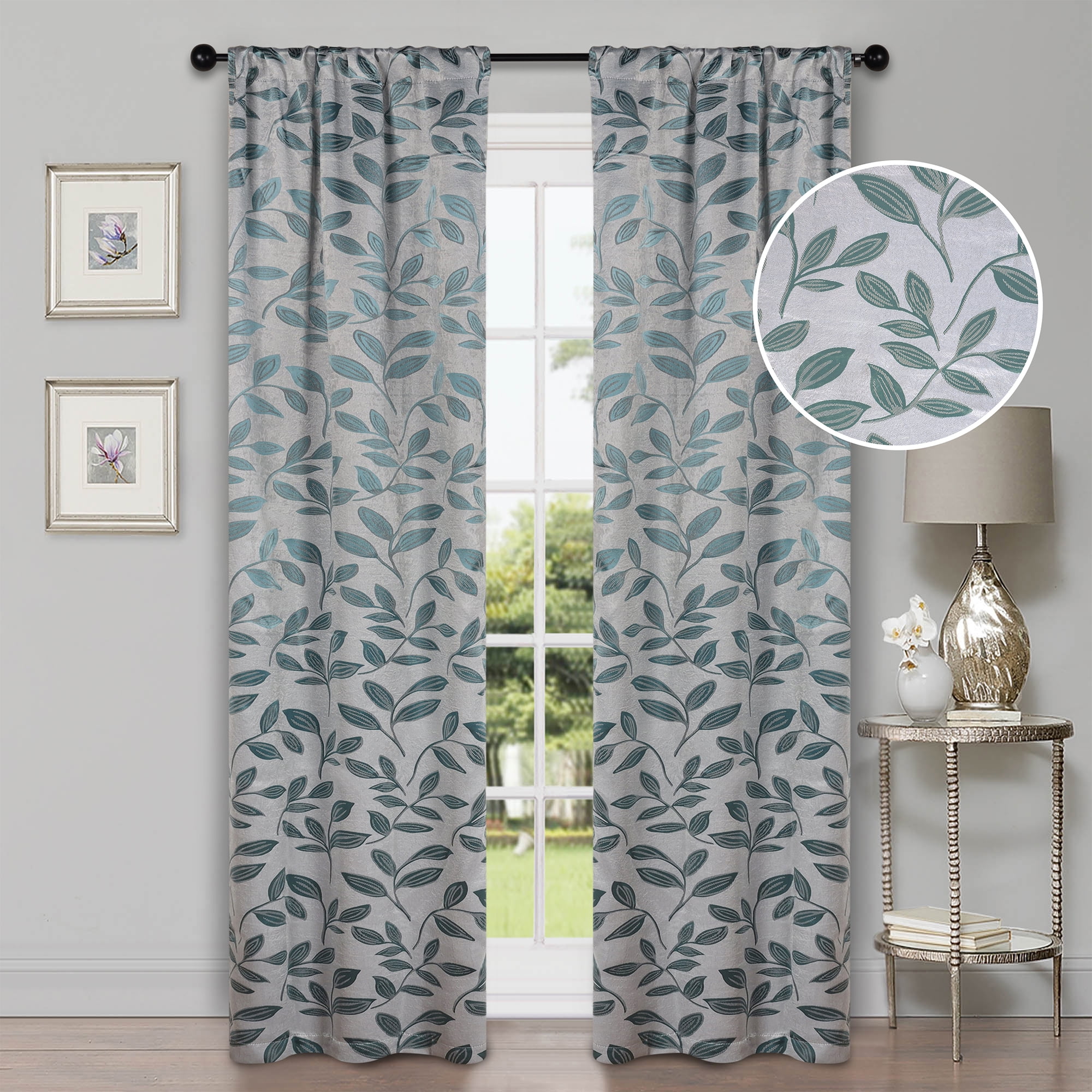 Teal Polyester Blackout Leaves Design Window Panel Set