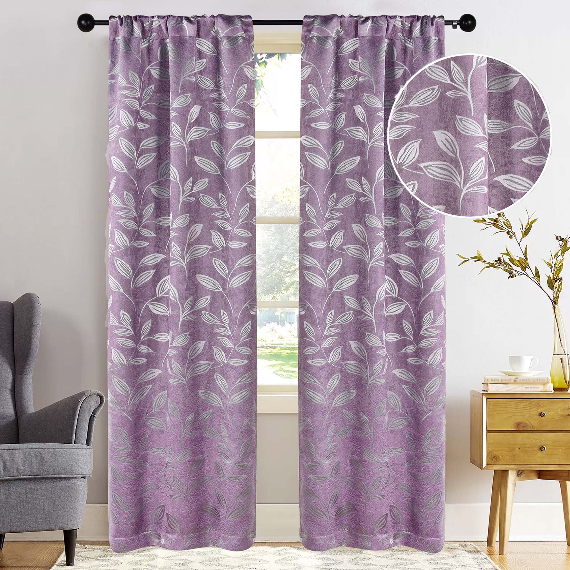Superior Blackout Leaves Curtains Set of 2, Light Filtering Rod Pocket Curtain Panel Set, Wisteria, 36"W x 72"L