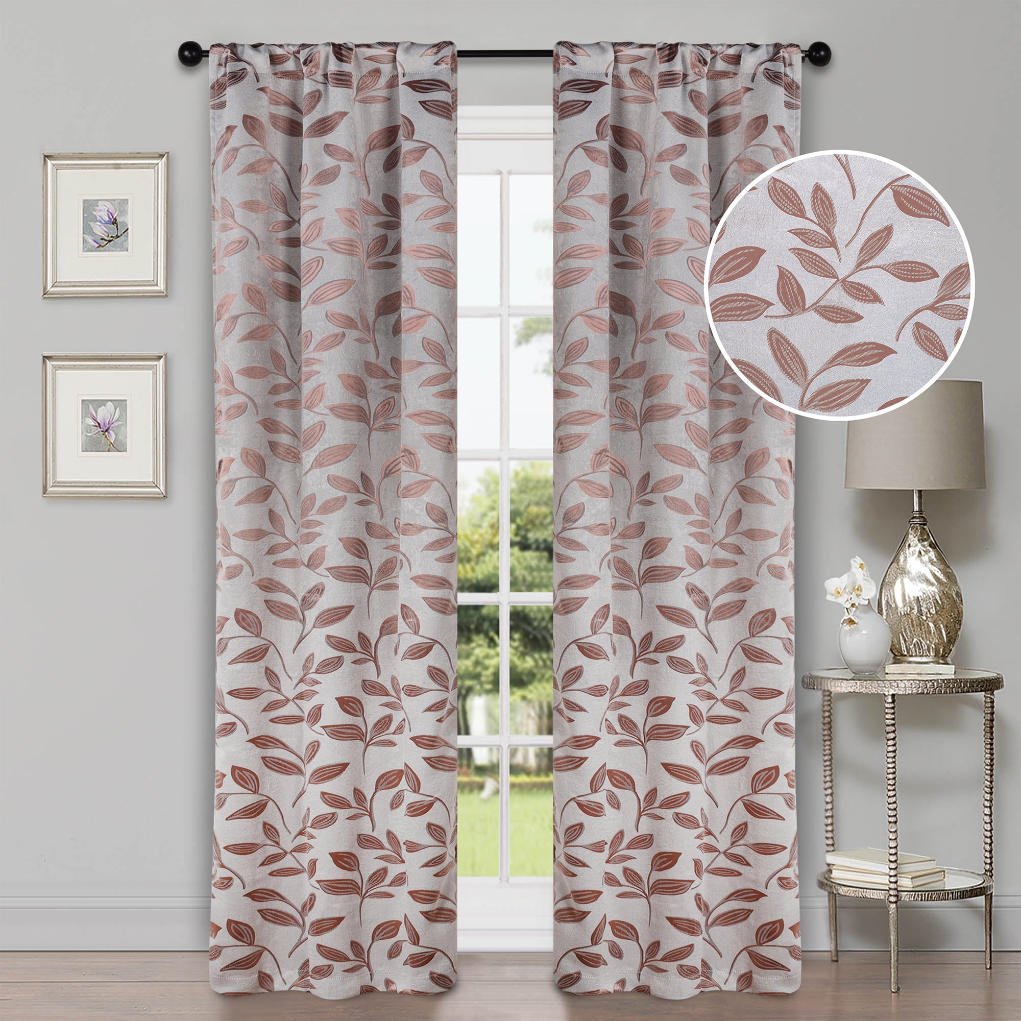 Superior Blackout Leaves Curtains Set of 2, Light Filtering Rod Pocket Curtain Panel Set, Champagne, 36"W x 84"L