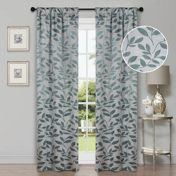Superior Blackout Leaves Light Filtering Rod pocket Curtain Panel Set, 36"x84", Teal