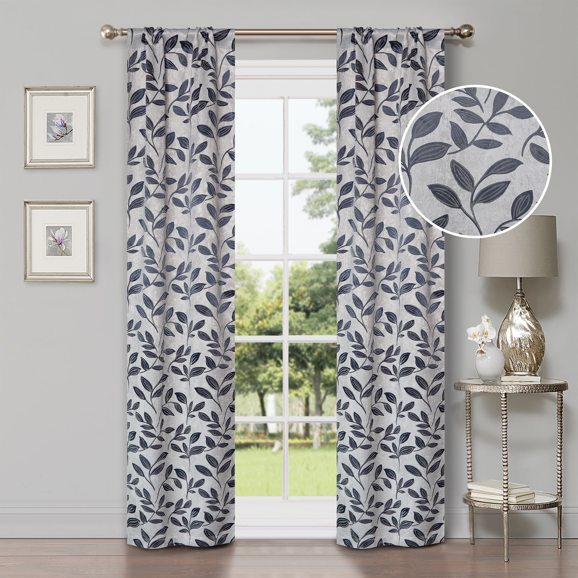 Superior Blackout Leaves Curtains Set of 2, Light Filtering Rod Pocket Curtain Panel Set, White-Navy, 36"W x 84"L