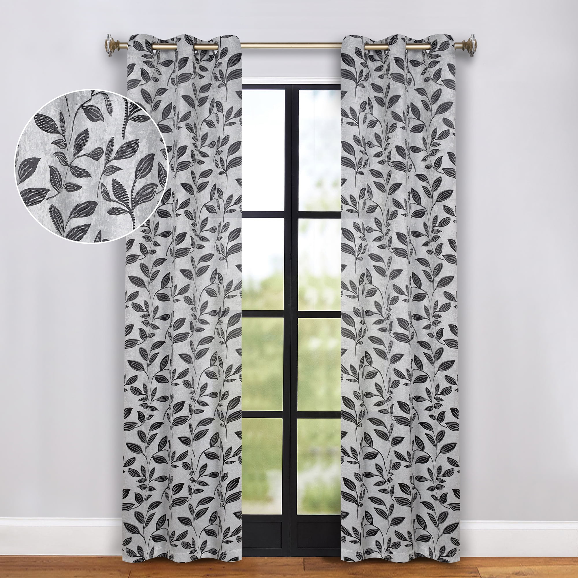 Superior Blackout Leaves Curtains Set of 2, Light Filtering Grommet Curtain Panel Set, Silver-Black, 42"W x 108"L