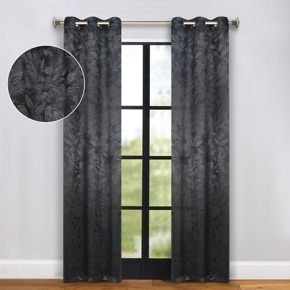 Superior Blackout Leaves Light Filtering Grommet Curtain Panel Set, 42"x84", Black