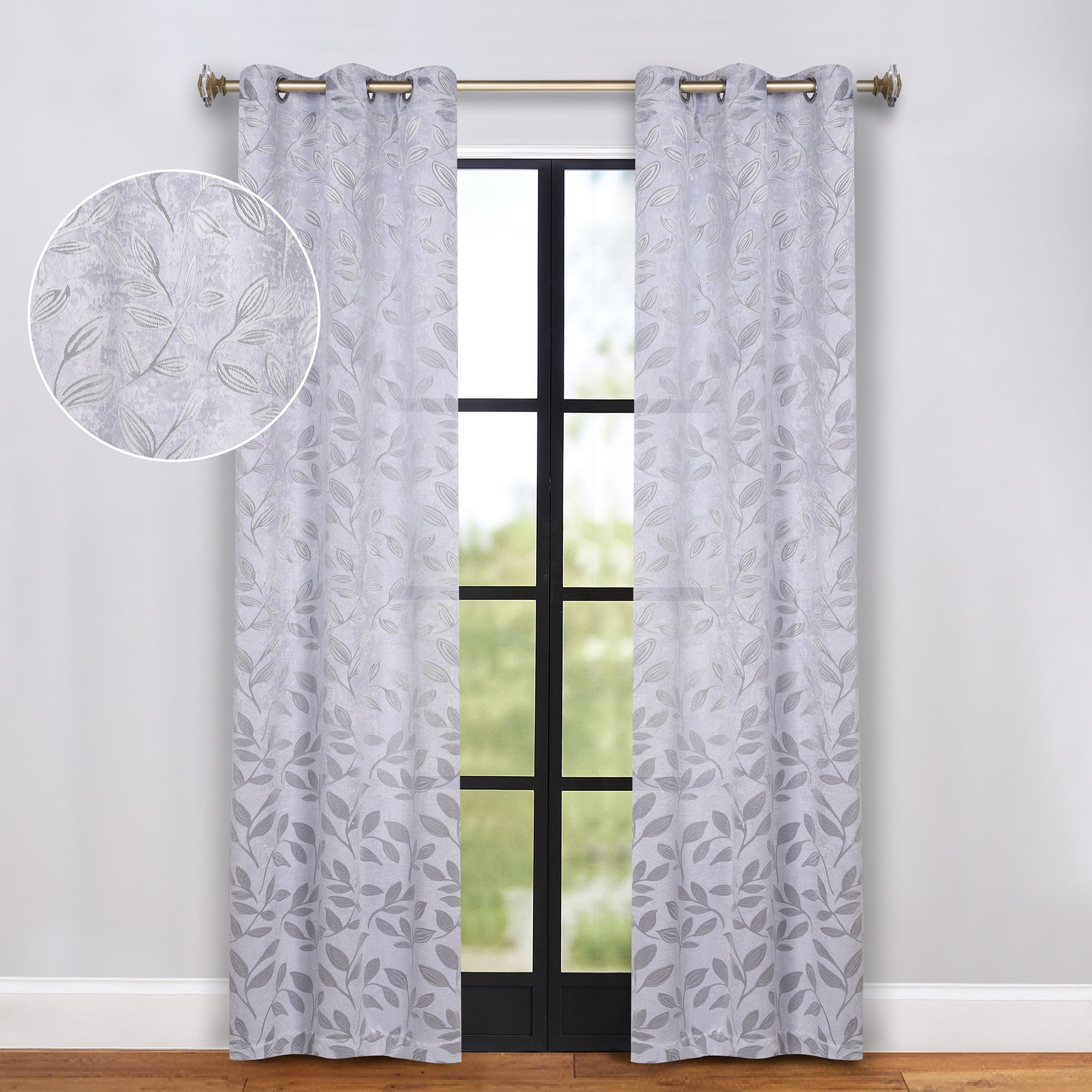 Superior Blackout Leaves Curtains Set of 2, Light Filtering Grommet Curtain Panel Set, Silver, 42"W x 84"L
