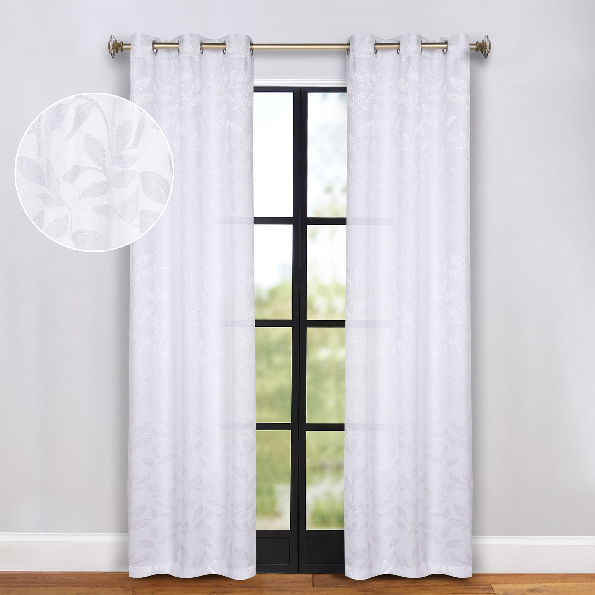 Superior Blackout Leaves Curtains Set of 2, Light Filtering Grommet Curtain Panel Set, White-White, 42"W x 84"L