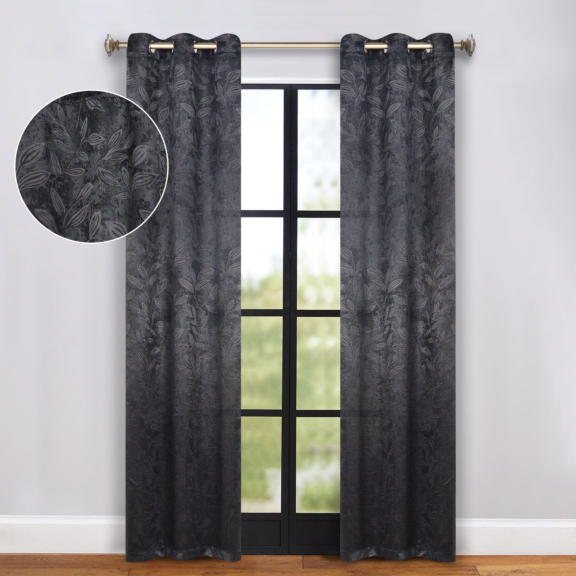Superior Blackout Leaves Curtains Set of 2, Light Filtering Grommet Curtain Panel Set, Black, 42"W x 96"L
