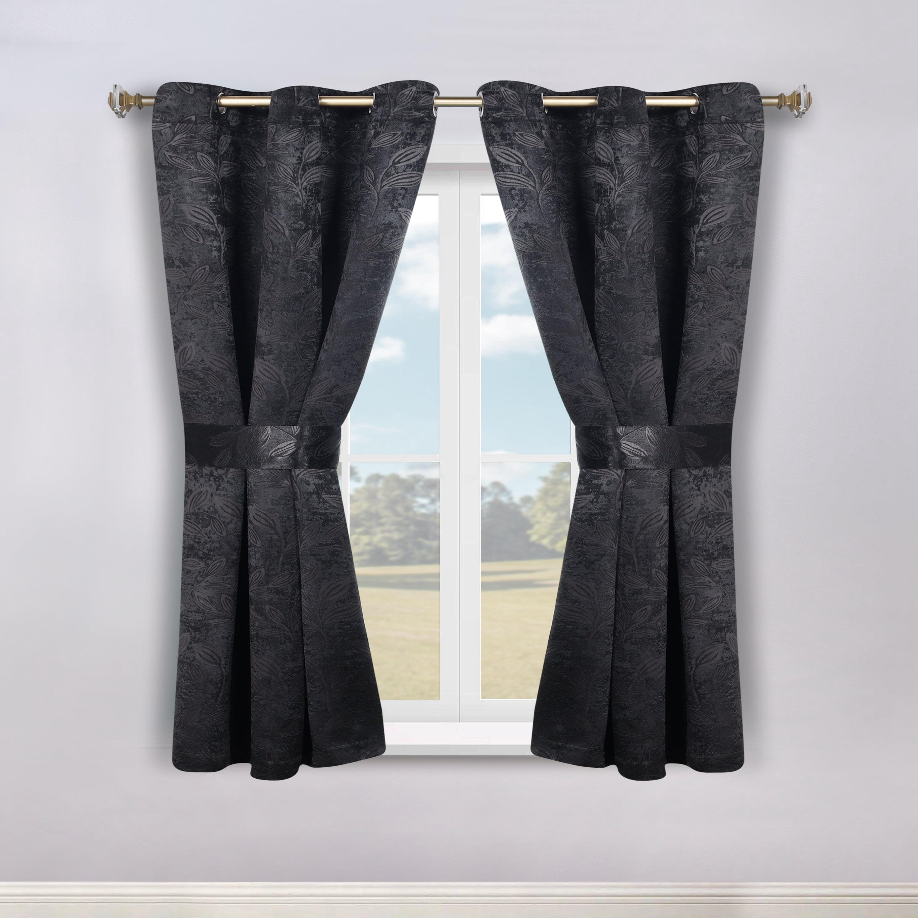 Superior Blackout Leaves Curtains Set of 2, Light Filtering Grommet Curtain Panel Set, Black, 46"W x 63"L