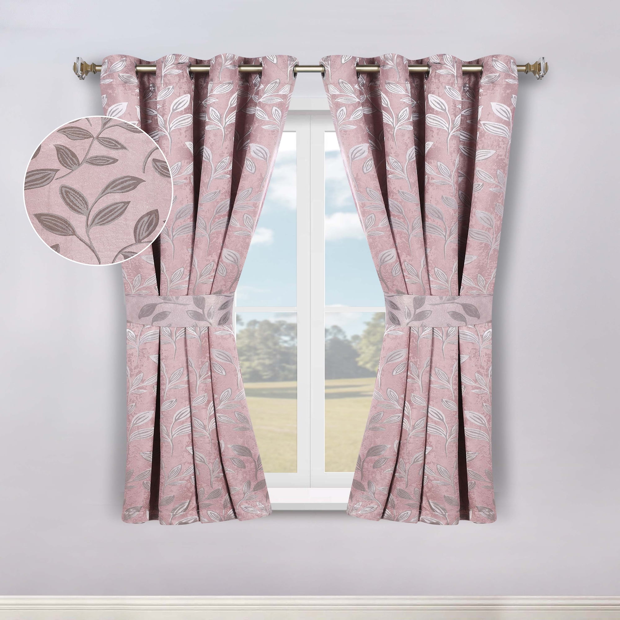 Superior Blackout Leaves Curtains Set of 2, Light Filtering Grommet Curtain Panel Set, Blush, 46"W x 63"L