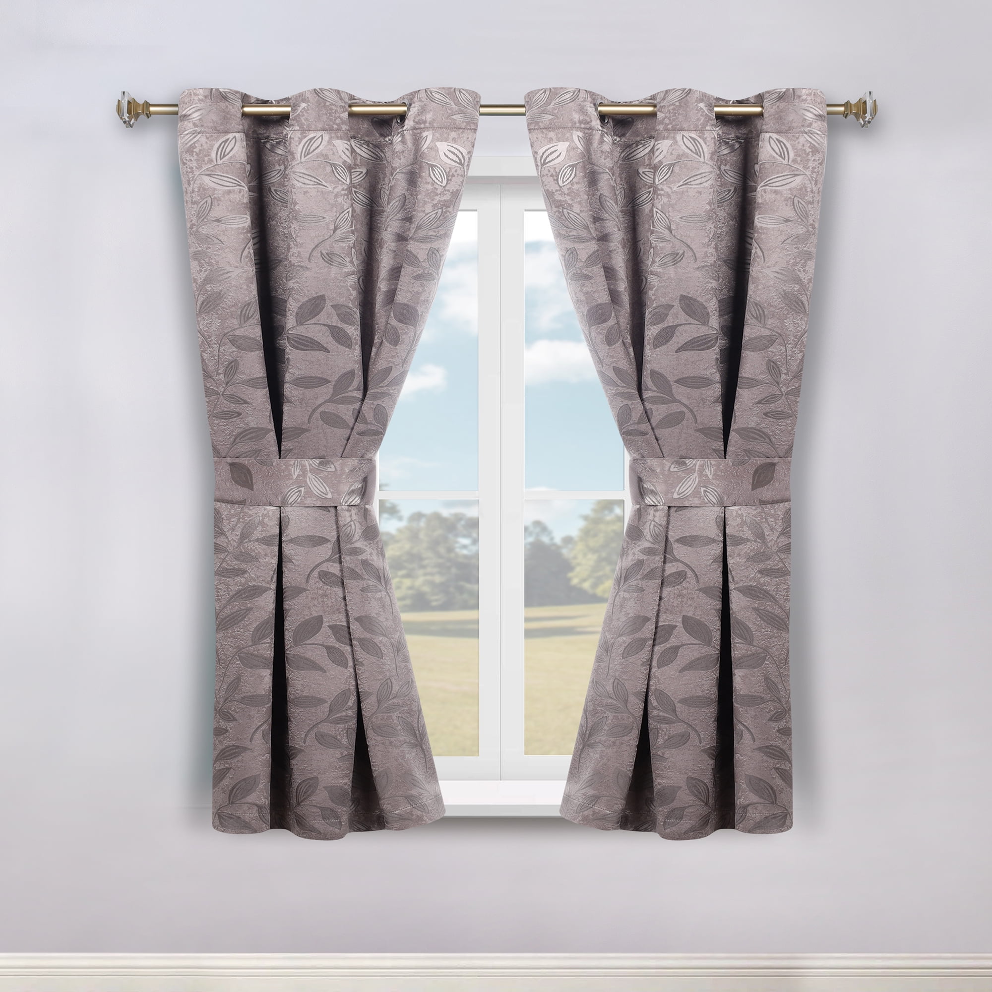 Cappuccino Brown Polyester Blackout Curtains with Leaf Design, 46" x 63"